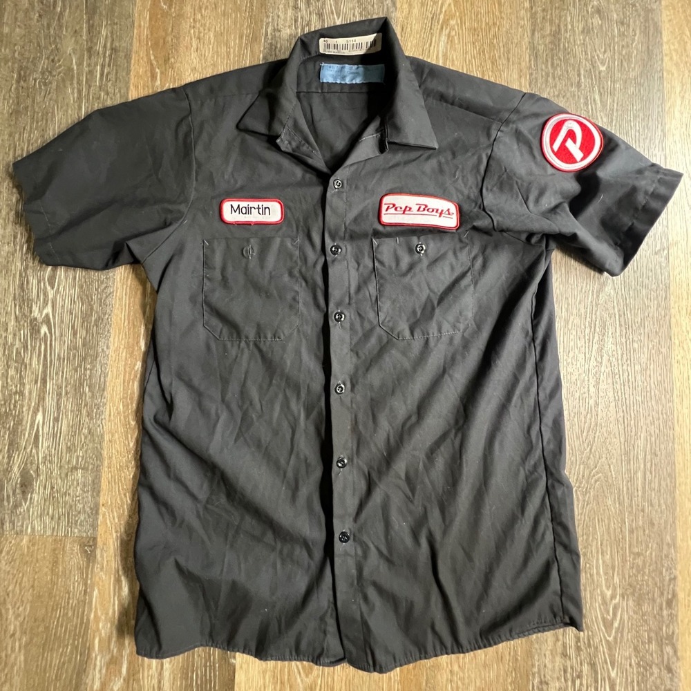 Cintas Work Shirt Mens Medium Black Pep Boys Martin Patch Short Sleeve Button Up